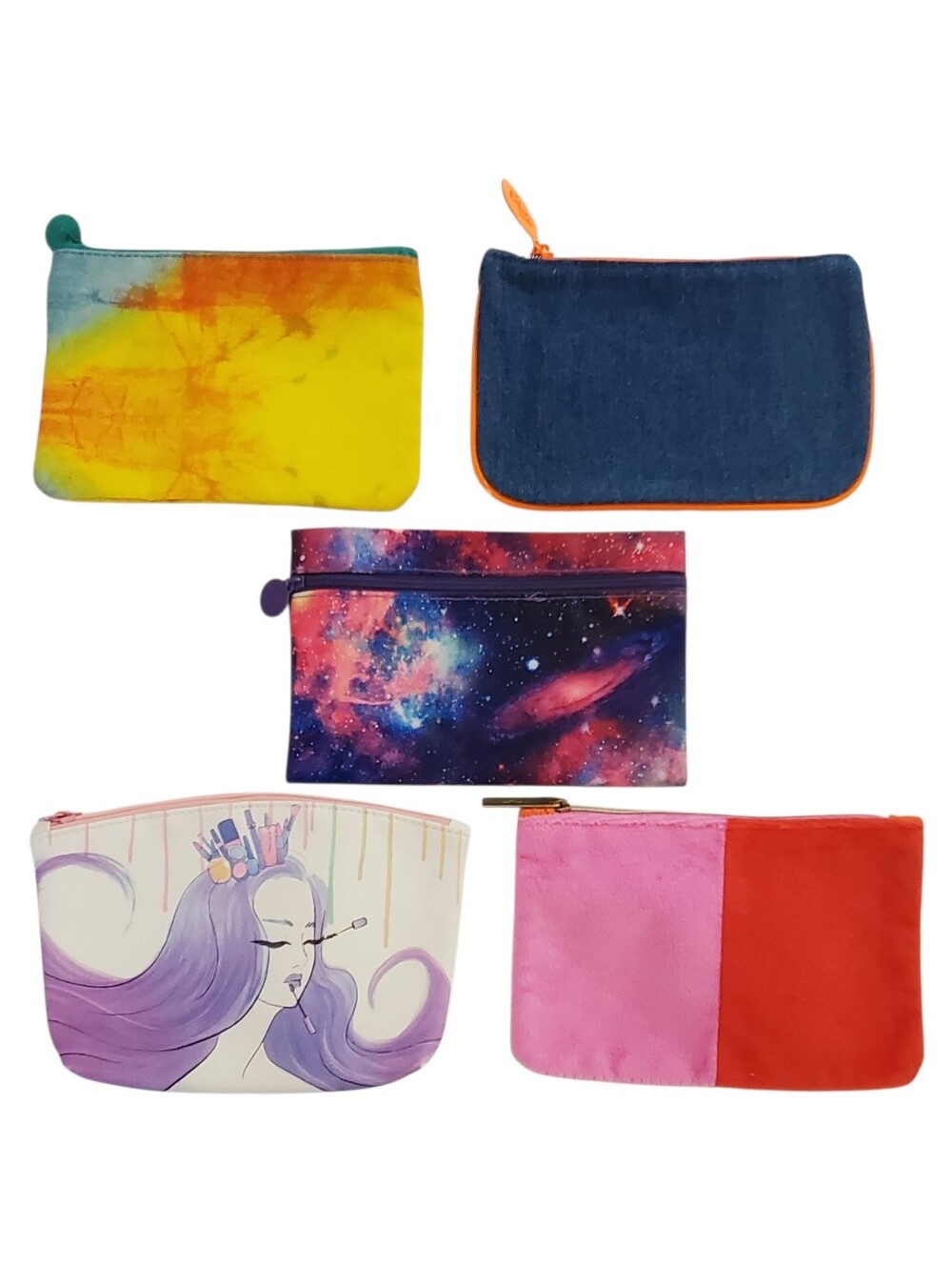 IPSY Bags Set of 5 Assorted Cosmetic Bags Tie-dye Denim Cosmic Princess